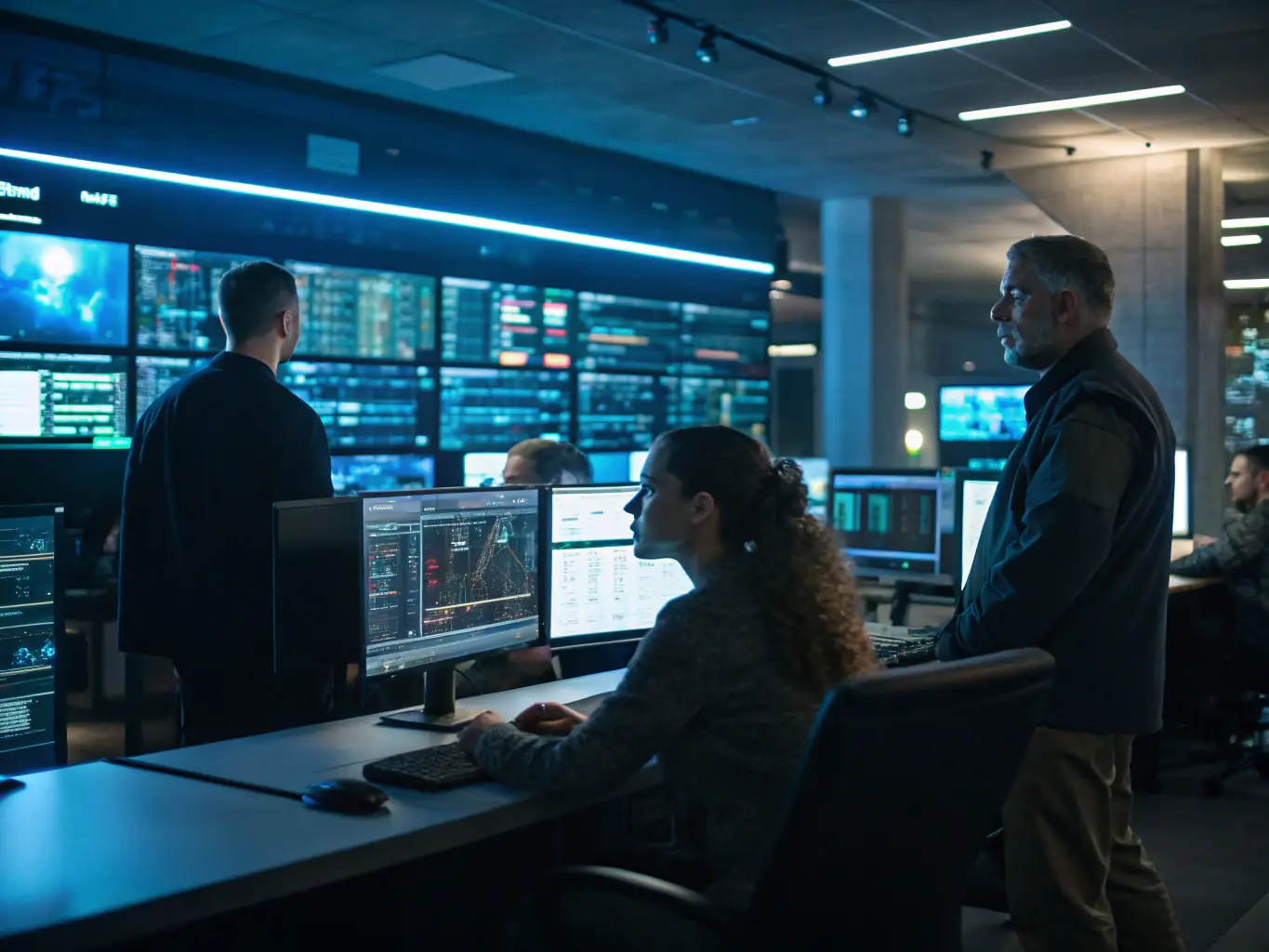 An image of a military command center with AI-powered monitoring systems, showcasing SKYFY's Intelligent Defense Automation solutions.