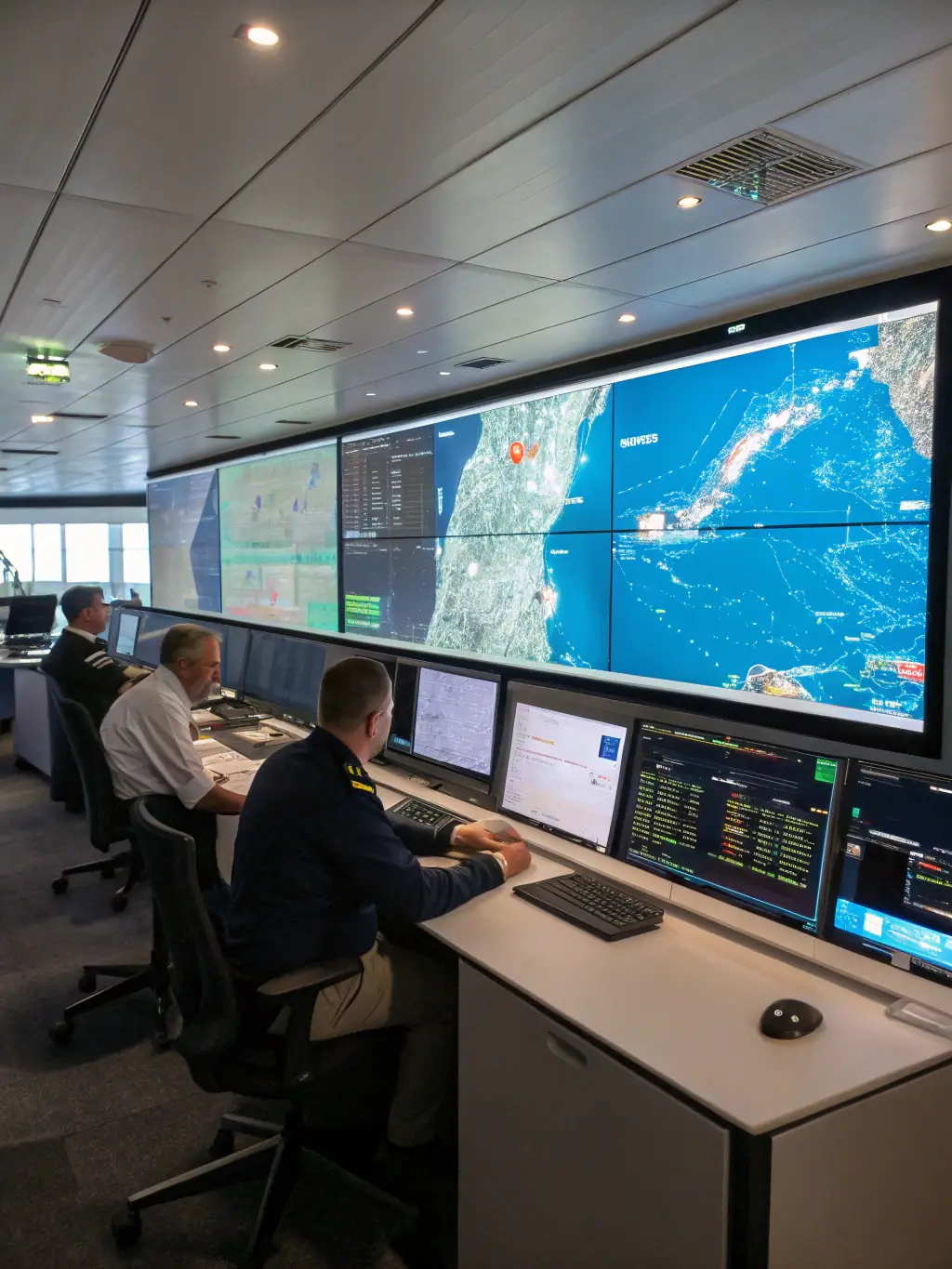An image of a military command center with AI-powered monitoring systems, showcasing SKYFY's defense automation solutions.