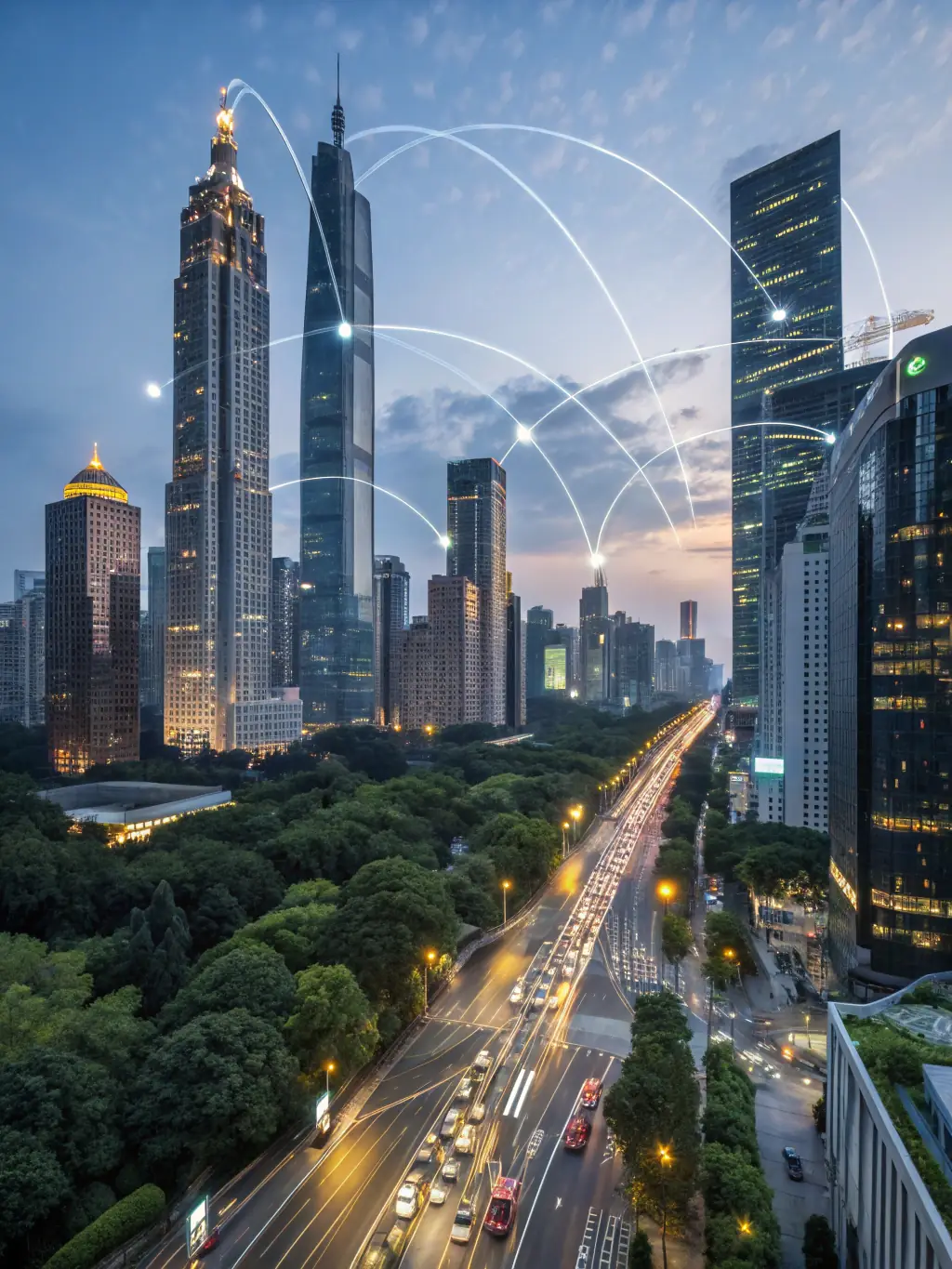 A futuristic cityscape with interconnected systems, symbolizing SKYFY's vision for smart city automation and infrastructure management.