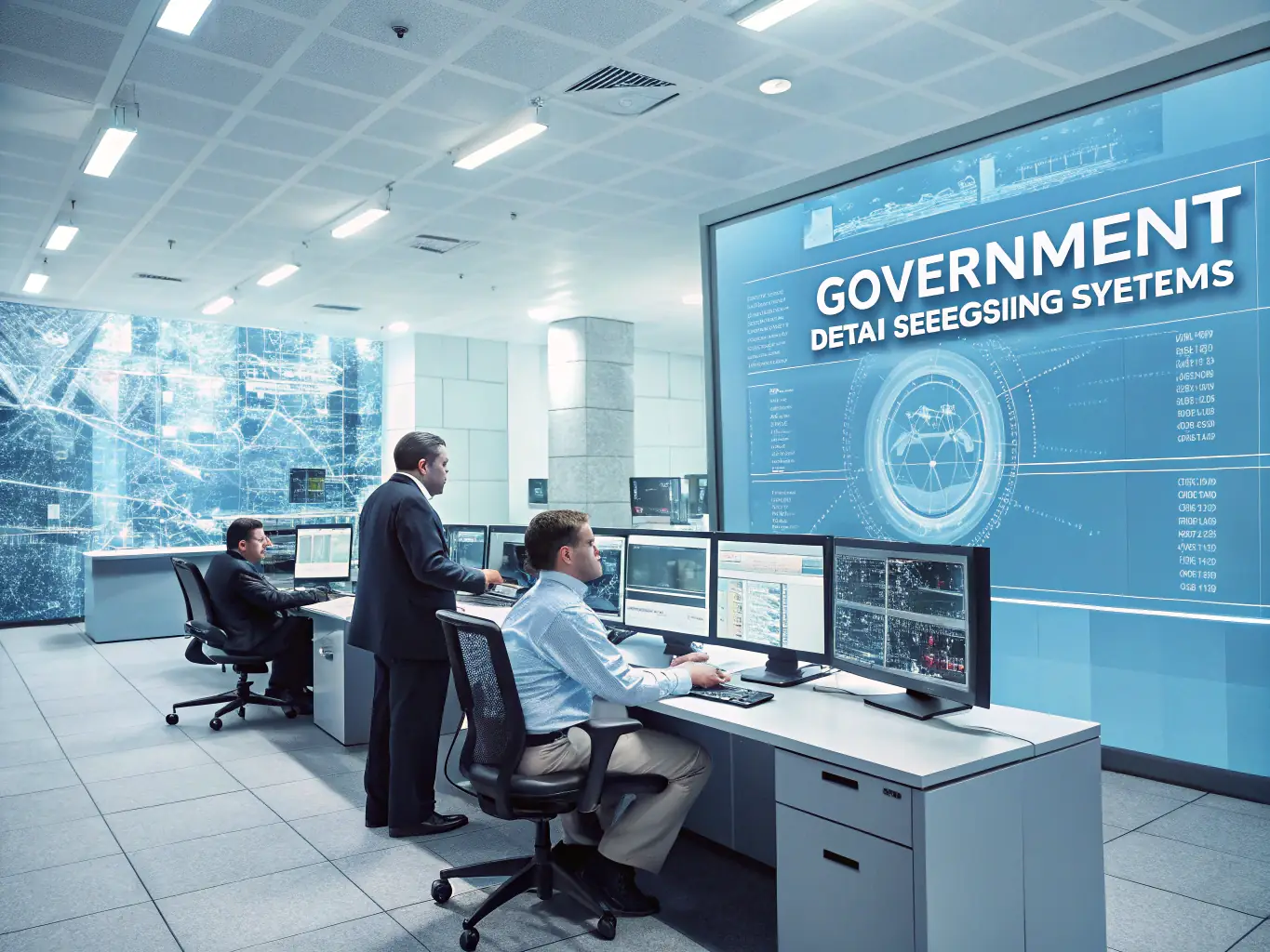 A government office with digital interfaces and automated workflows, representing SKYFY's Government Process Optimization solutions.