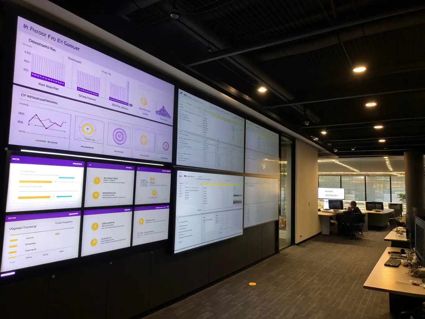A modern office environment with AI dashboards and automated workflows, illustrating SKYFY's Enterprise AI Integration solutions.
