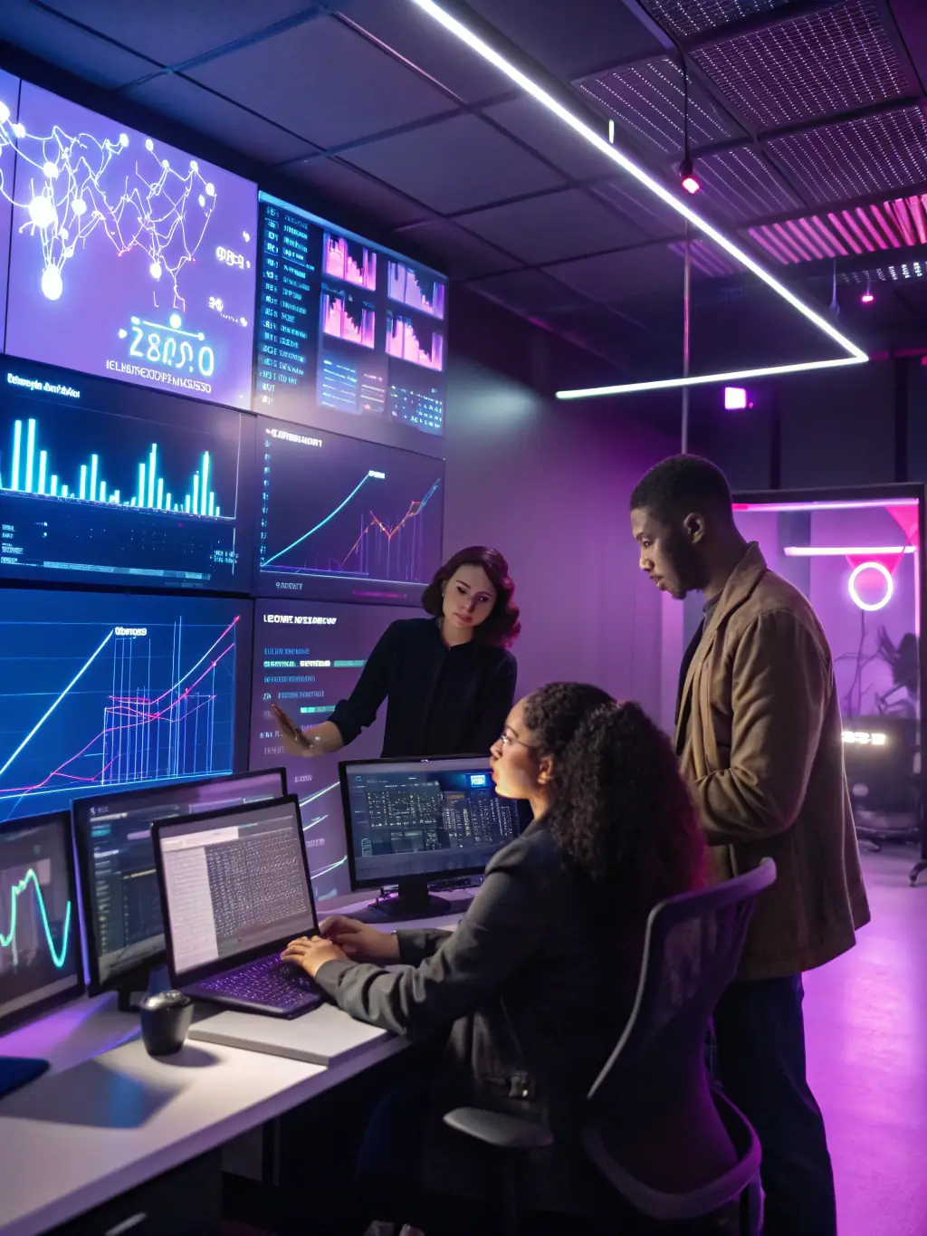 A modern office environment with AI dashboards and automated workflows, representing SKYFY's enterprise AI integration solutions.